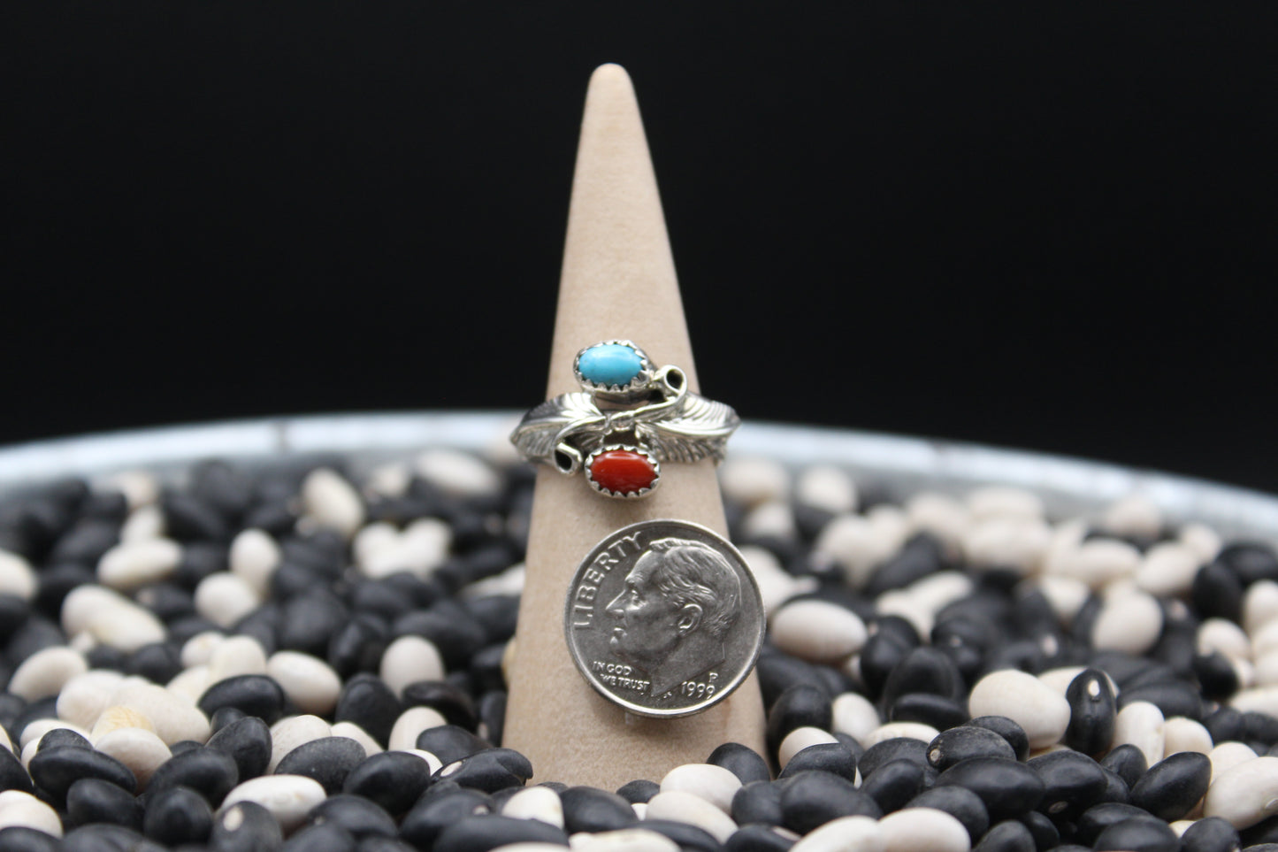 Native American Coral and Turquoise Ring by Harry Yazzie – Feather Motif in Sterling Silver