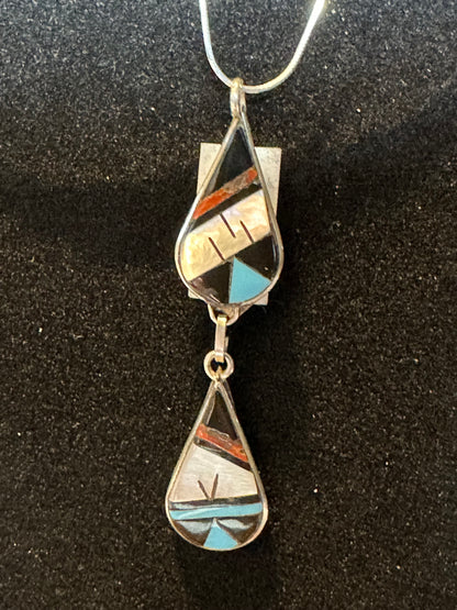 Sterling Silver Double Teardrop Multi-Stone Inlay Pendant – By Reginda Kalles (Zuni)