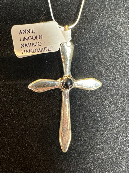 Sterling Silver Cross Pendant with Onyx – By Annie Lincoln (Navajo)