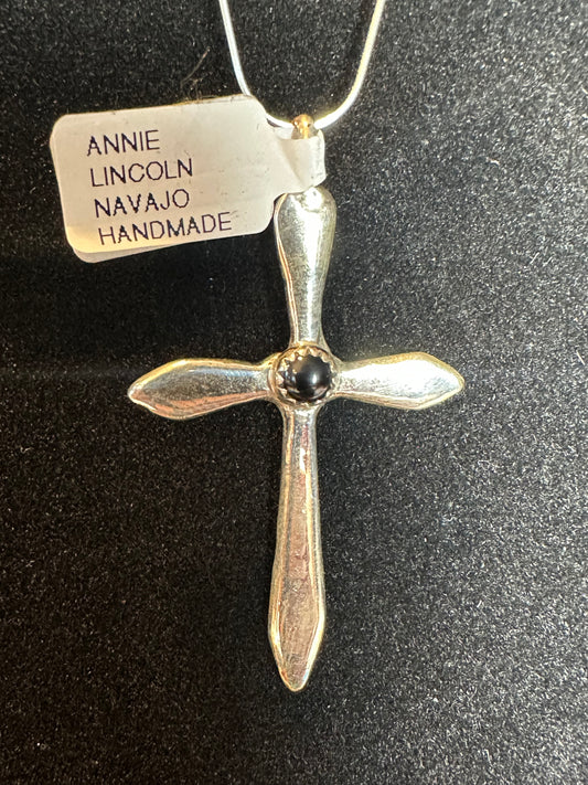 Sterling Silver Cross Pendant with Onyx – By Annie Lincoln (Navajo)