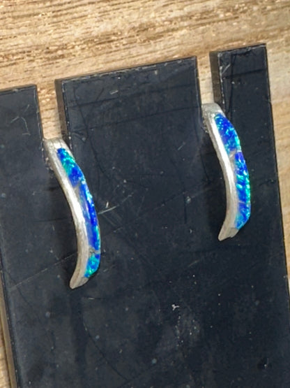 Handmade-Style Silver Half Hoop Earrings with Blue Opal Inlay