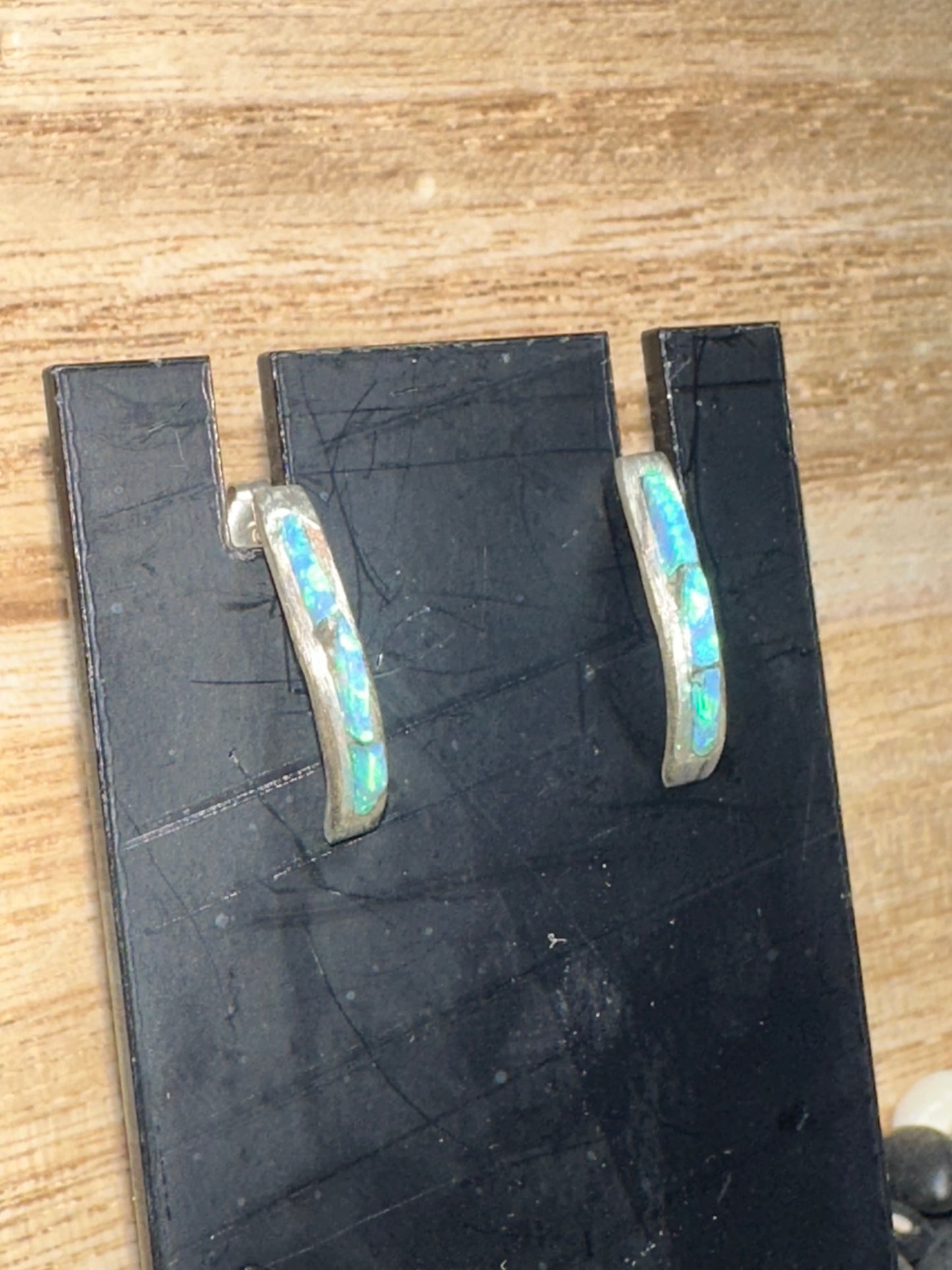 Handmade-Style Silver Half Hoop Earrings with Opal Inlay