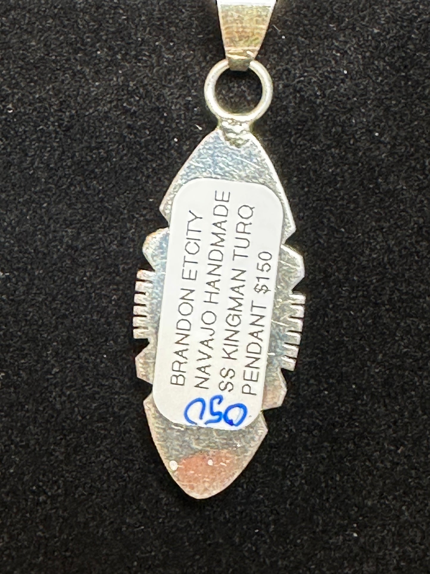 Sterling Silver & Kingman Turquoise Pendant with Silver Inlay – By Brandon Etoty (Navajo)