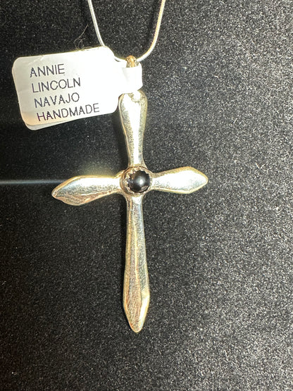 Sterling Silver Cross Pendant with Onyx – By Annie Lincoln (Navajo)