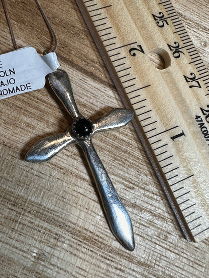 Sterling Silver Cross Pendant with Onyx – By Annie Lincoln (Navajo)