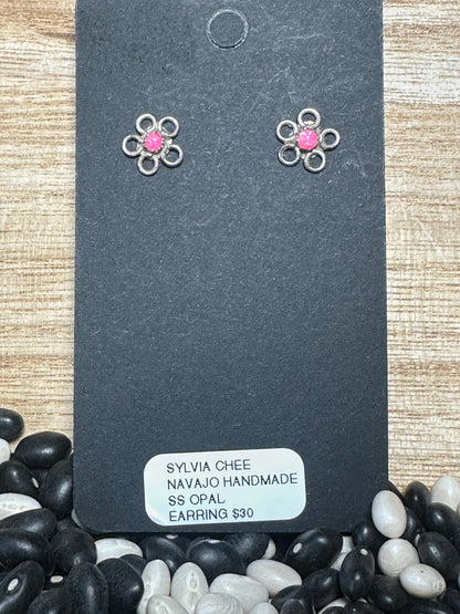 Sterling Silver & Hot Pink Opal Flower Earrings – By Sylvia Chee (Navajo)