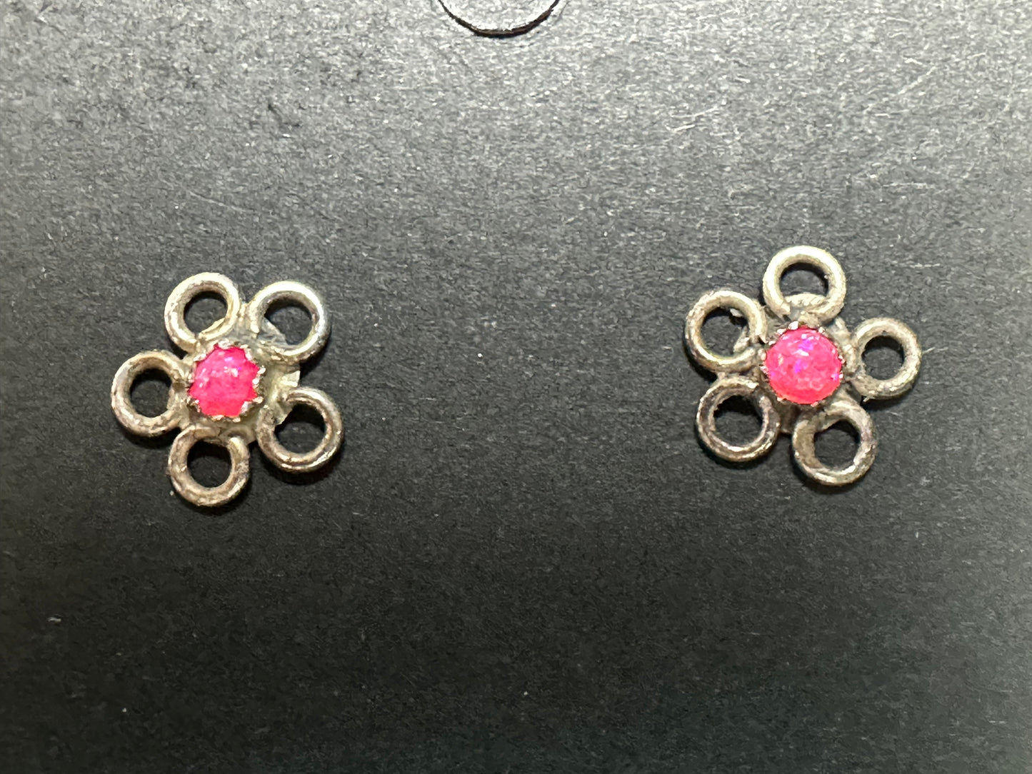 Sterling Silver & Hot Pink Opal Flower Earrings – By Sylvia Chee (Navajo)