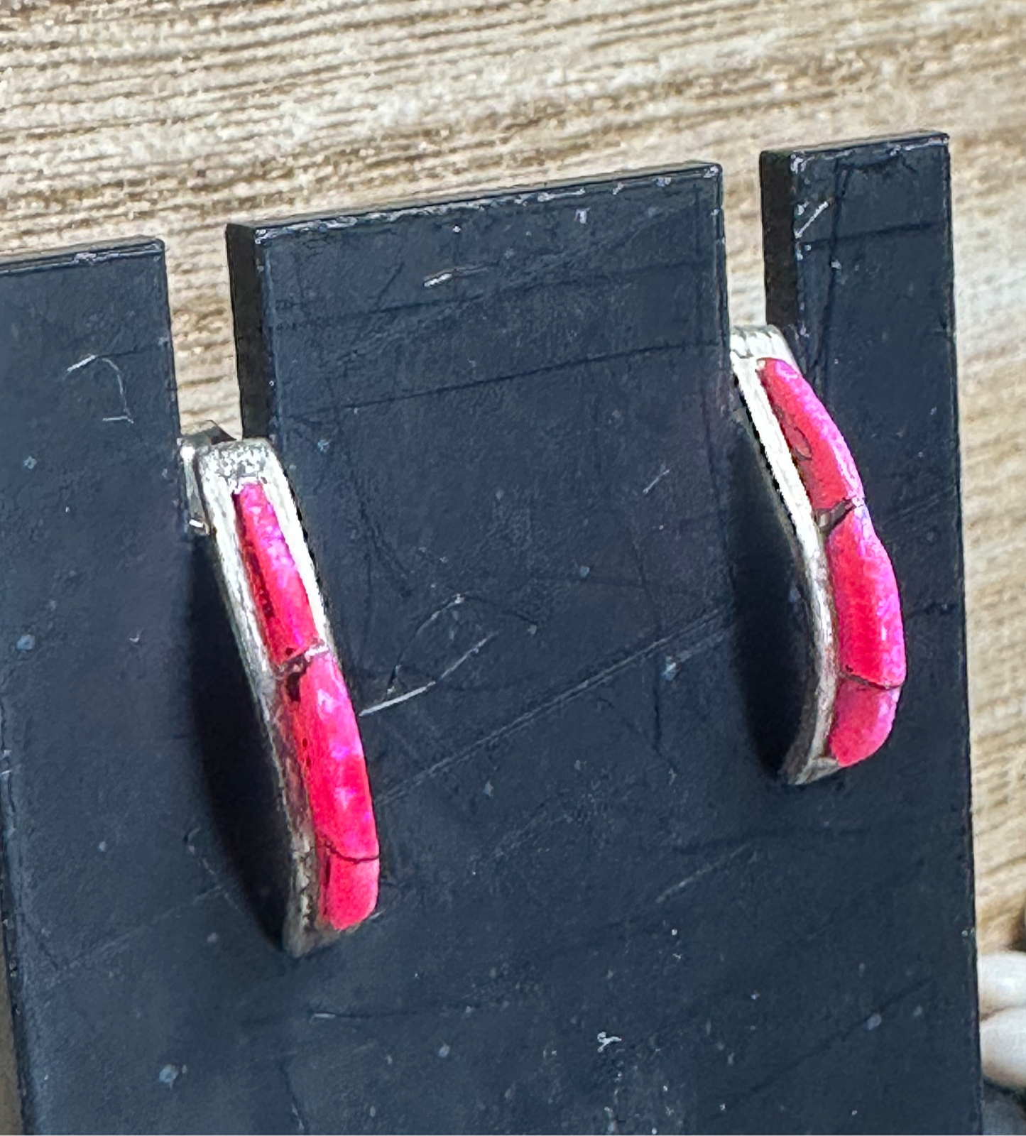 Handmade-Style Silver Half Hoop Earrings with Pink Opal Inlay