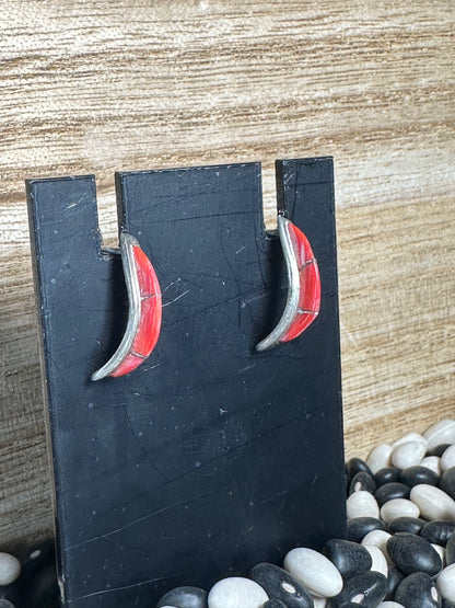 Handmade-Style Silver Half Hoop Earrings with Red Coral Inlay