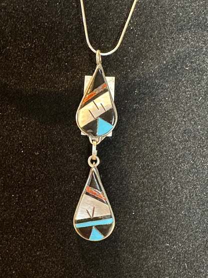 Sterling Silver Double Teardrop Multi-Stone Inlay Pendant – By Reginda Kalles (Zuni)