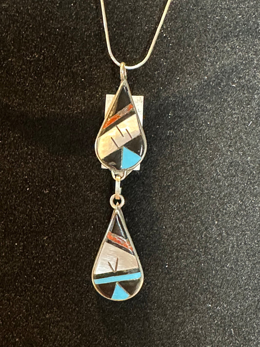 Sterling Silver Double Teardrop Multi-Stone Inlay Pendant – By Reginda Kalles (Zuni)