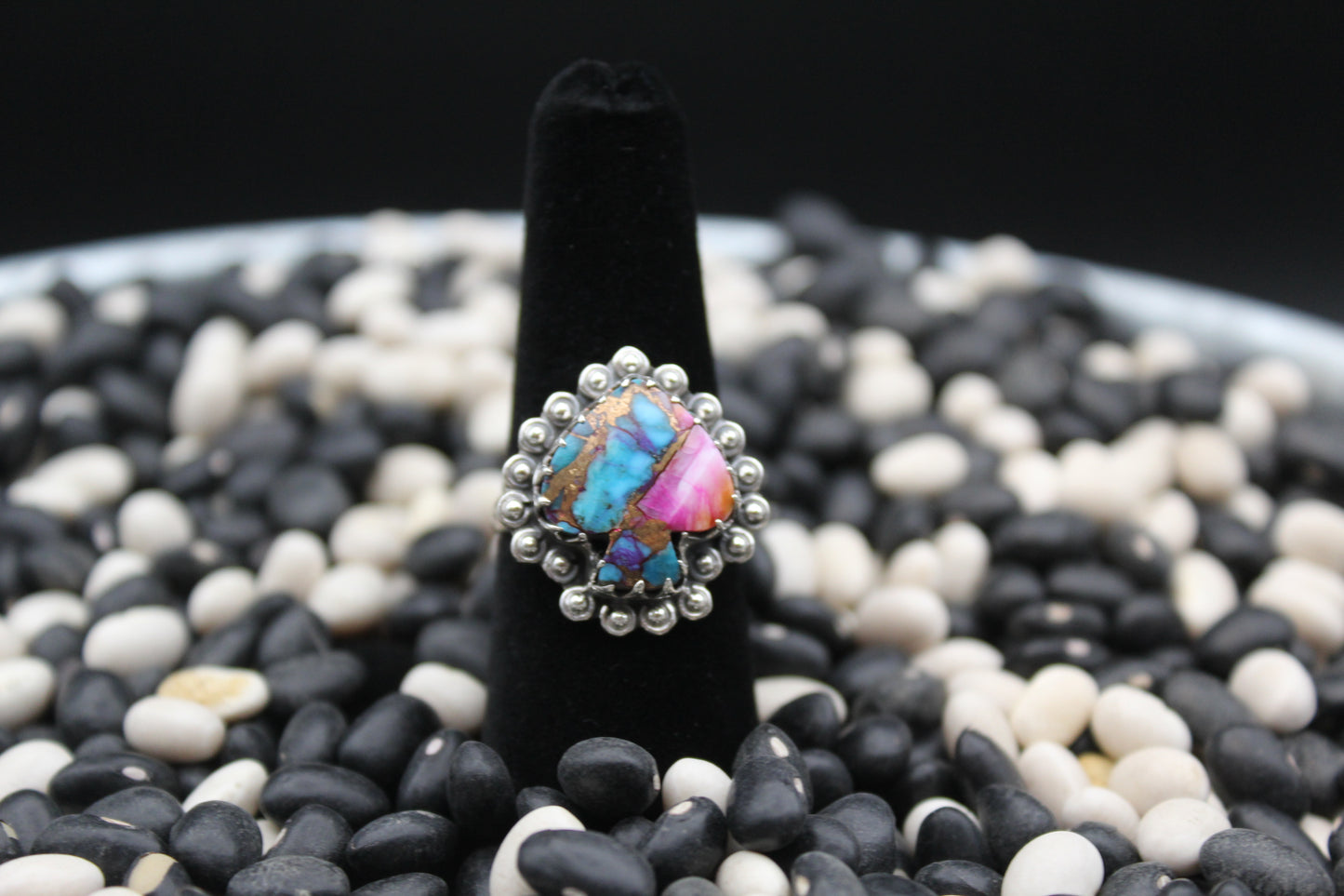 Dahlia Spade-Shaped Sterling Silver Ring – Multicolor Mosaic Turquoise – Size 7