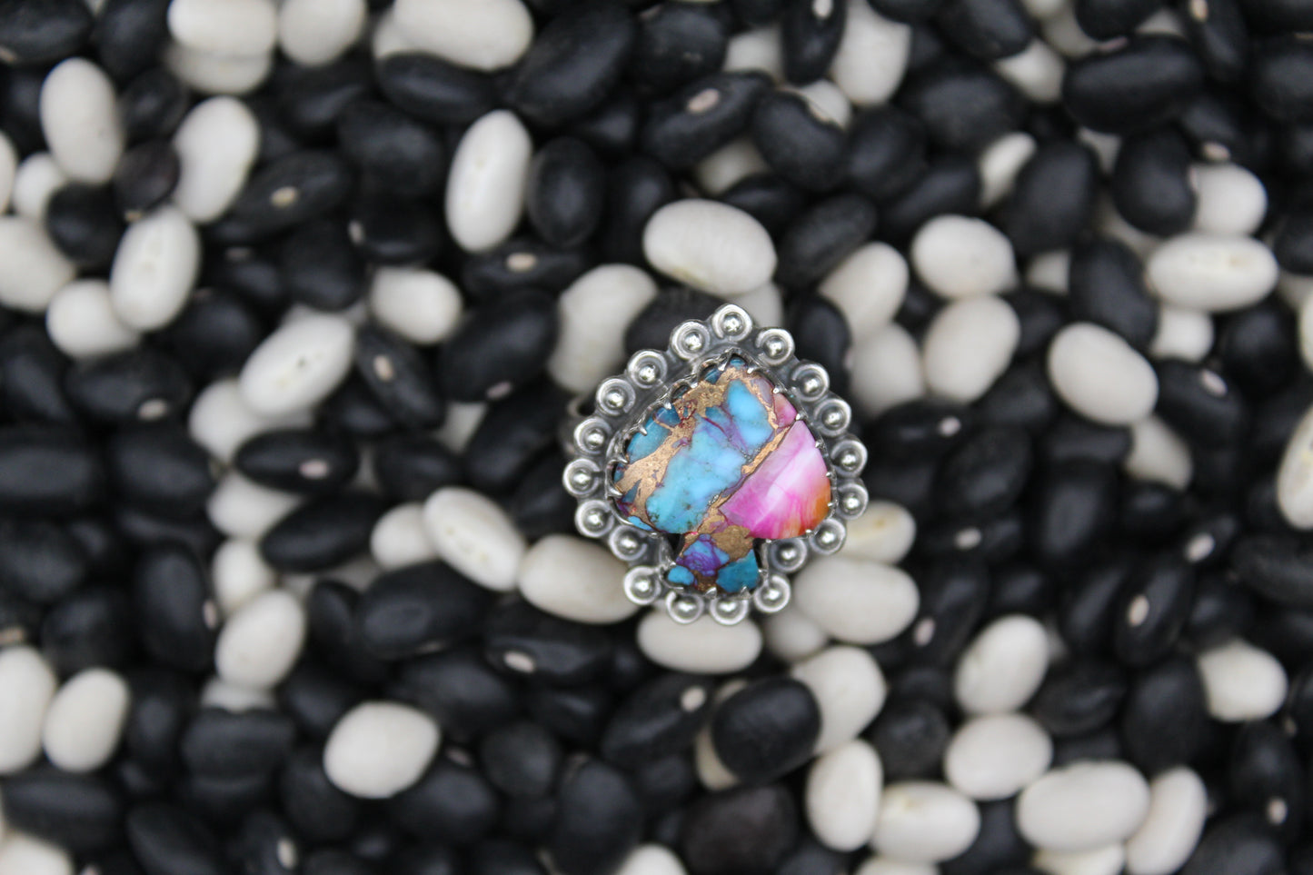 Dahlia Spade-Shaped Sterling Silver Ring – Multicolor Mosaic Turquoise – Size 7