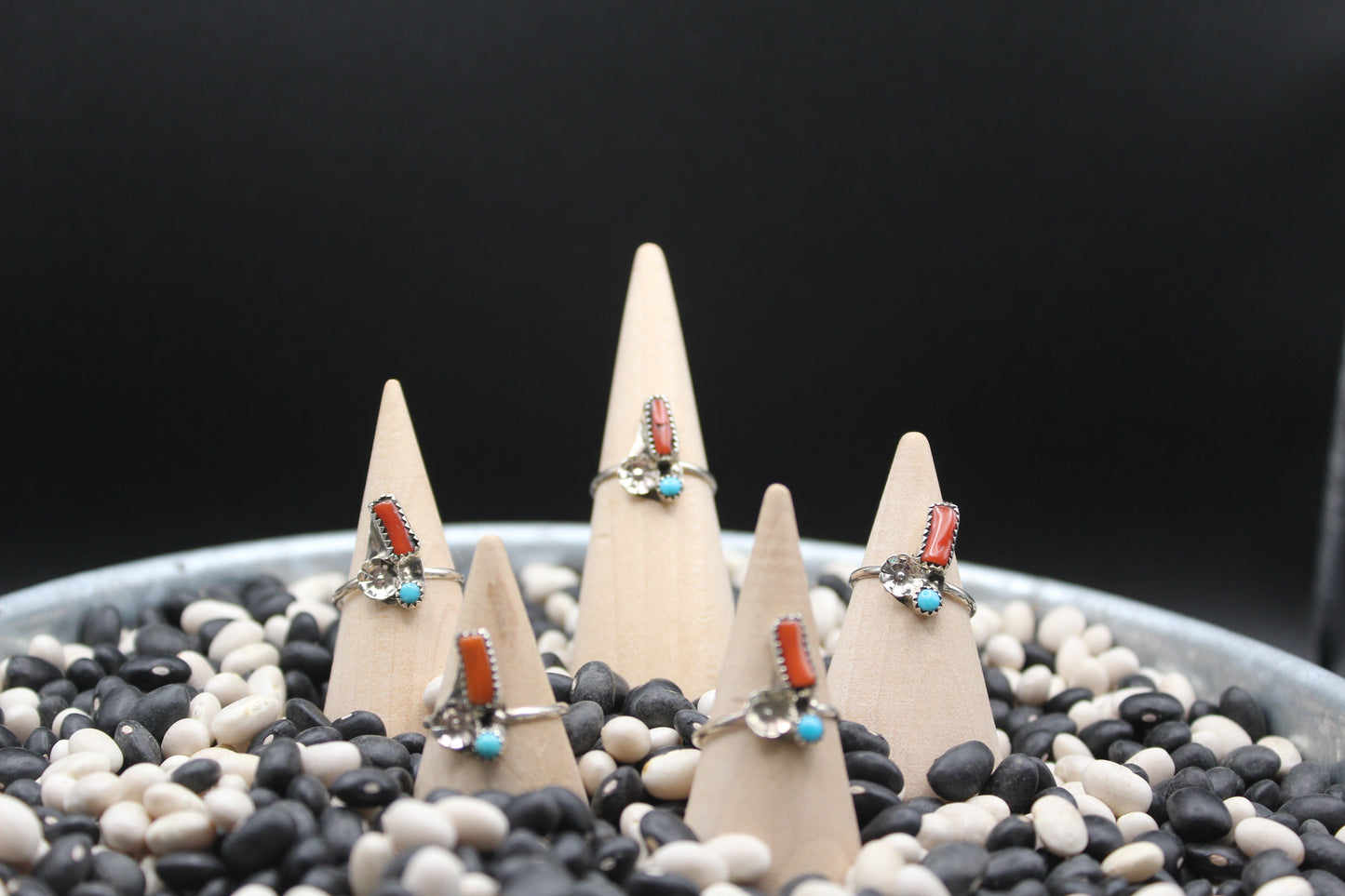 Native American Coral & Turquoise Ring – Sterling Silver Floral Design