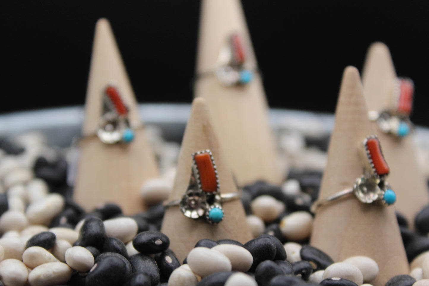 Native American Coral & Turquoise Ring – Sterling Silver Floral Design