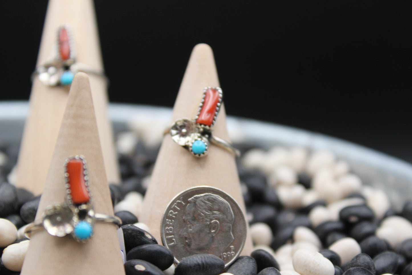 Native American Coral & Turquoise Ring – Sterling Silver Floral Design