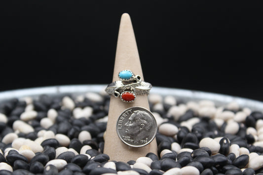 Native American Coral and Turquoise Ring by Harry Yazzie – Feather Motif in Sterling Silver