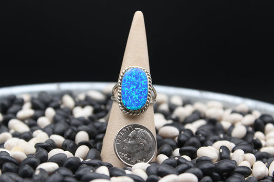 Navajo Opal Ring by Victor Thompson – Vibrant Blue Opal in Sterling Silver with Twisted Wire Design