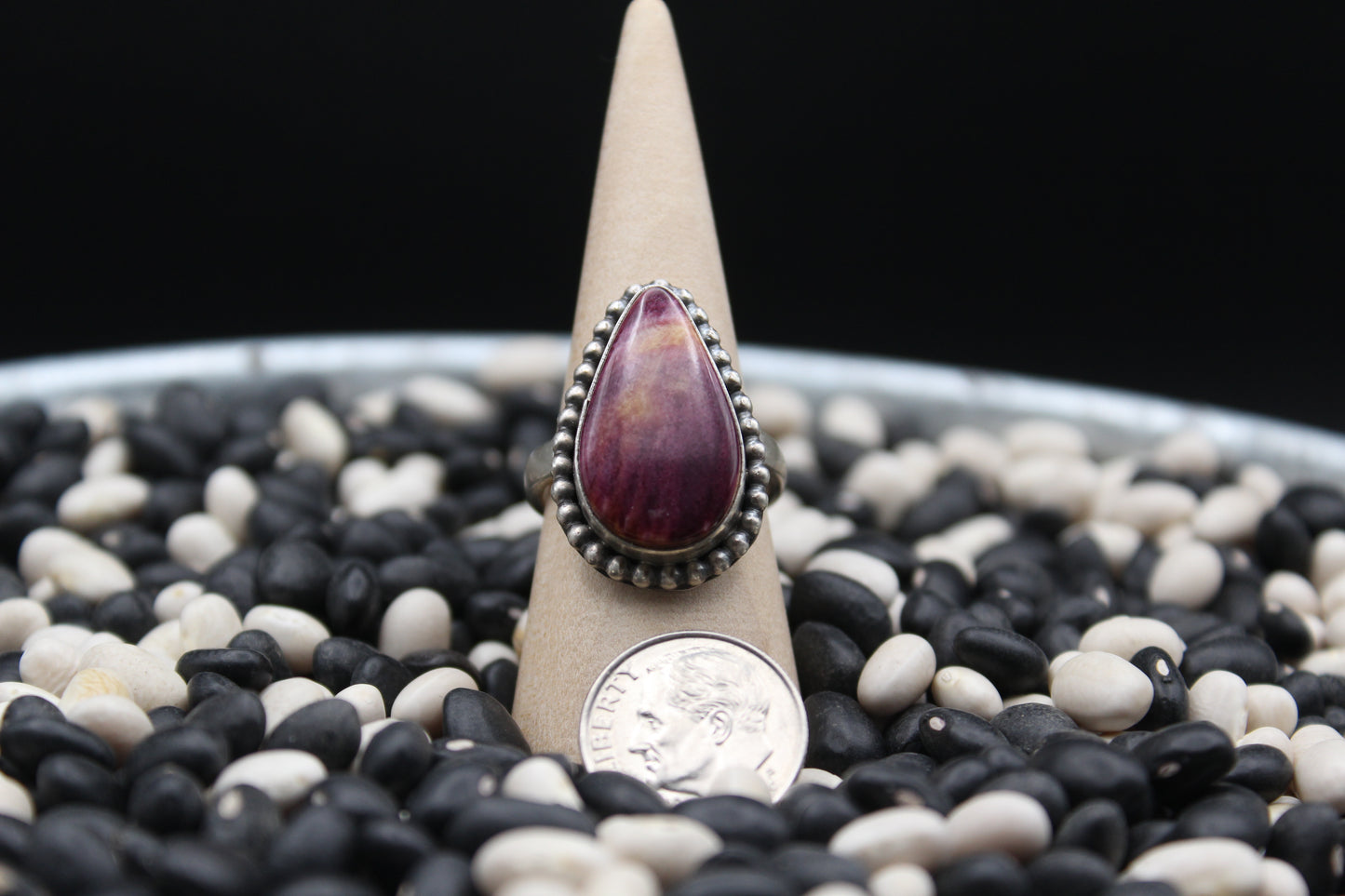 Navajo Purple Spiny Oyster Ring by Dave Skeets – Sterling Silver with Beaded and Twisted Wire Design