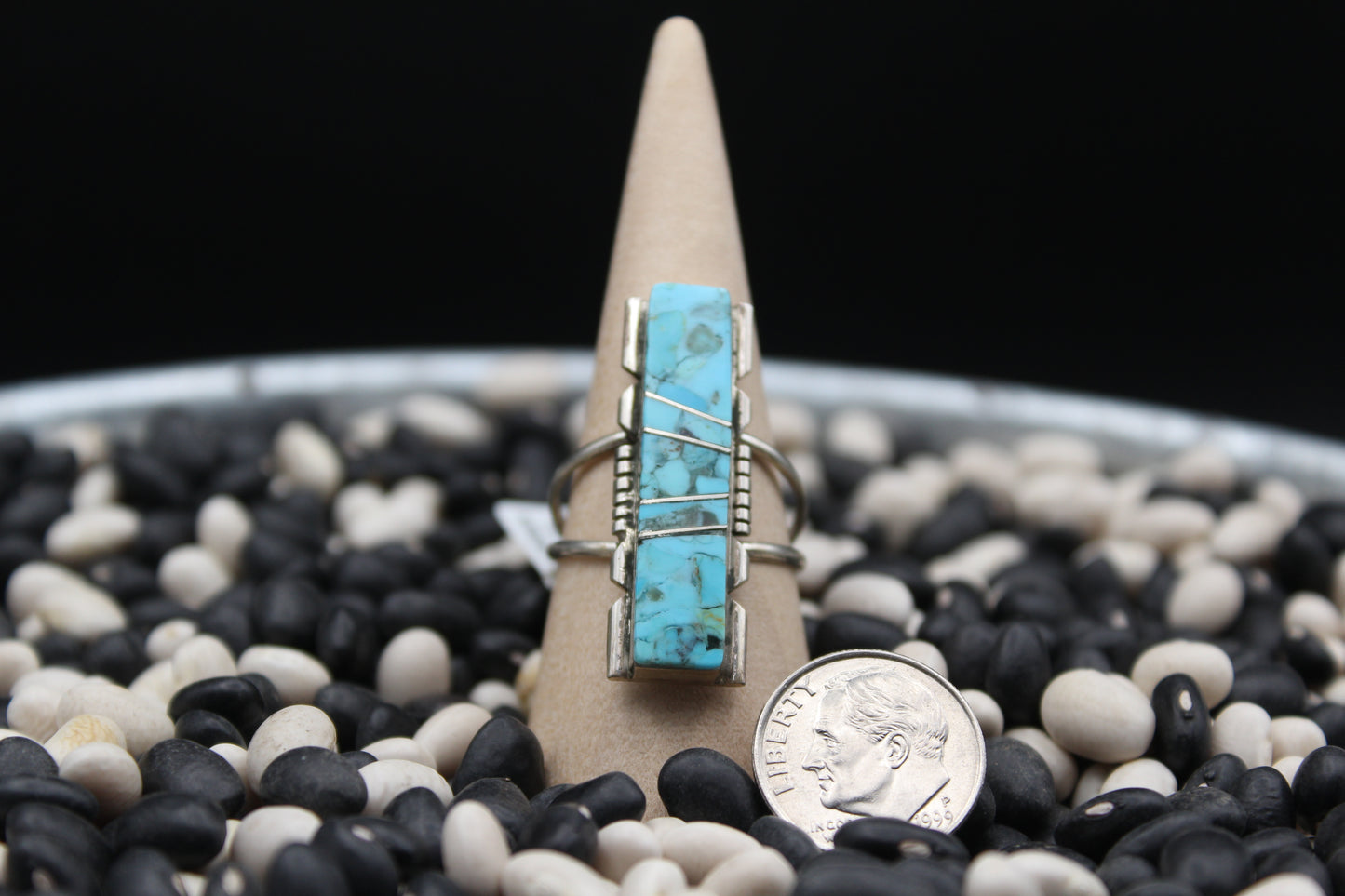 Navajo Kingman Turquoise Ring by Brandon Etcitty – Sterling Silver, Geometric Design, Size 10