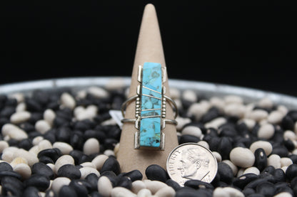 Navajo Kingman Turquoise Ring by Brandon Etcitty – Sterling Silver, Geometric Design, Size 10