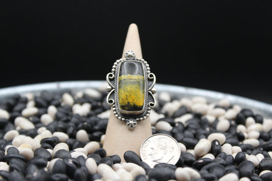 Navajo Bumblebee Jasper Ring by Daniel Benally – Sterling Silver, Scrollwork, Size 8