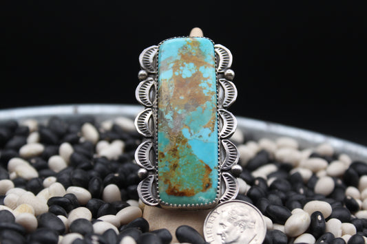 Navajo Kingman Turquoise Ring by Tia Long – Adjustable Sterling Silver, Elaborate Design, Size Adjustable
