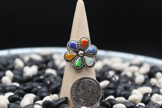 Zuni Opal Flower Ring – Sterling Silver, Colorful Opal Petals, Size 6